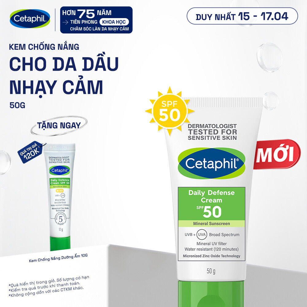 Kem chống nắng dưỡng ẩm 2in1 cho da thiên dầu nhạy cảm Cetaphil Daily Defense Cream SPF50 50G
