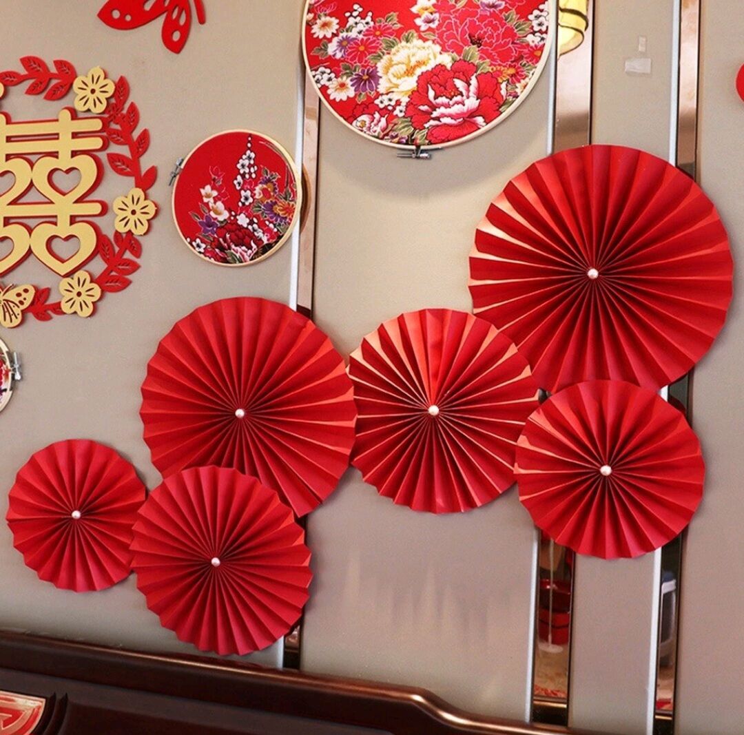 Set 6 quạt ngọc đỏ trang trí Tết, Trung thu