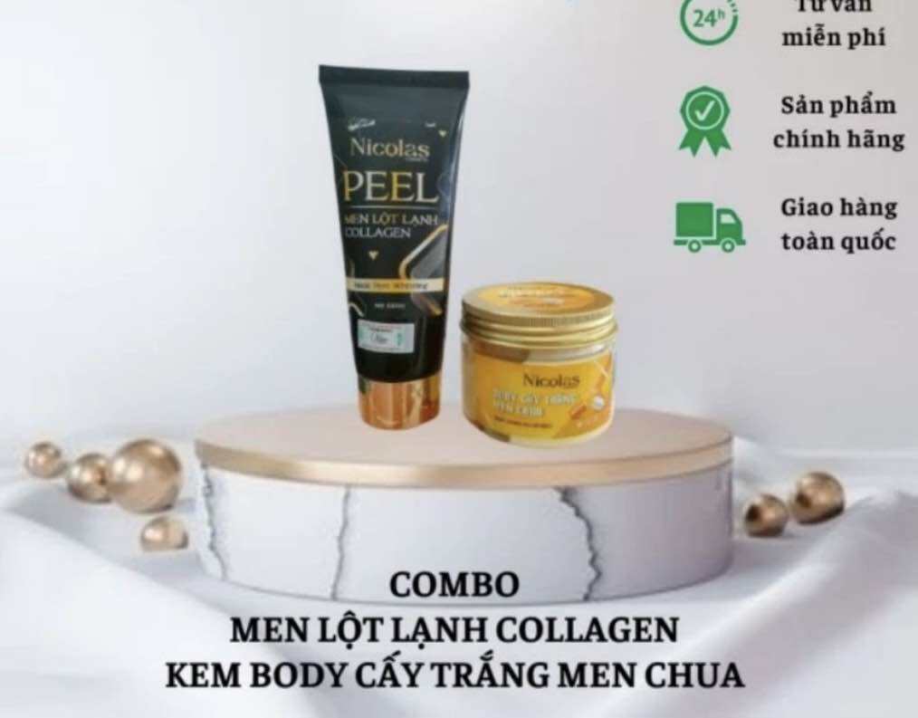 Bộ Lột Trắng Da Lột Lạnh Collagen Nicolas + Kem Body Cấy Trắng Men Chua Nicolas Thanh Nhi Chính Hãng