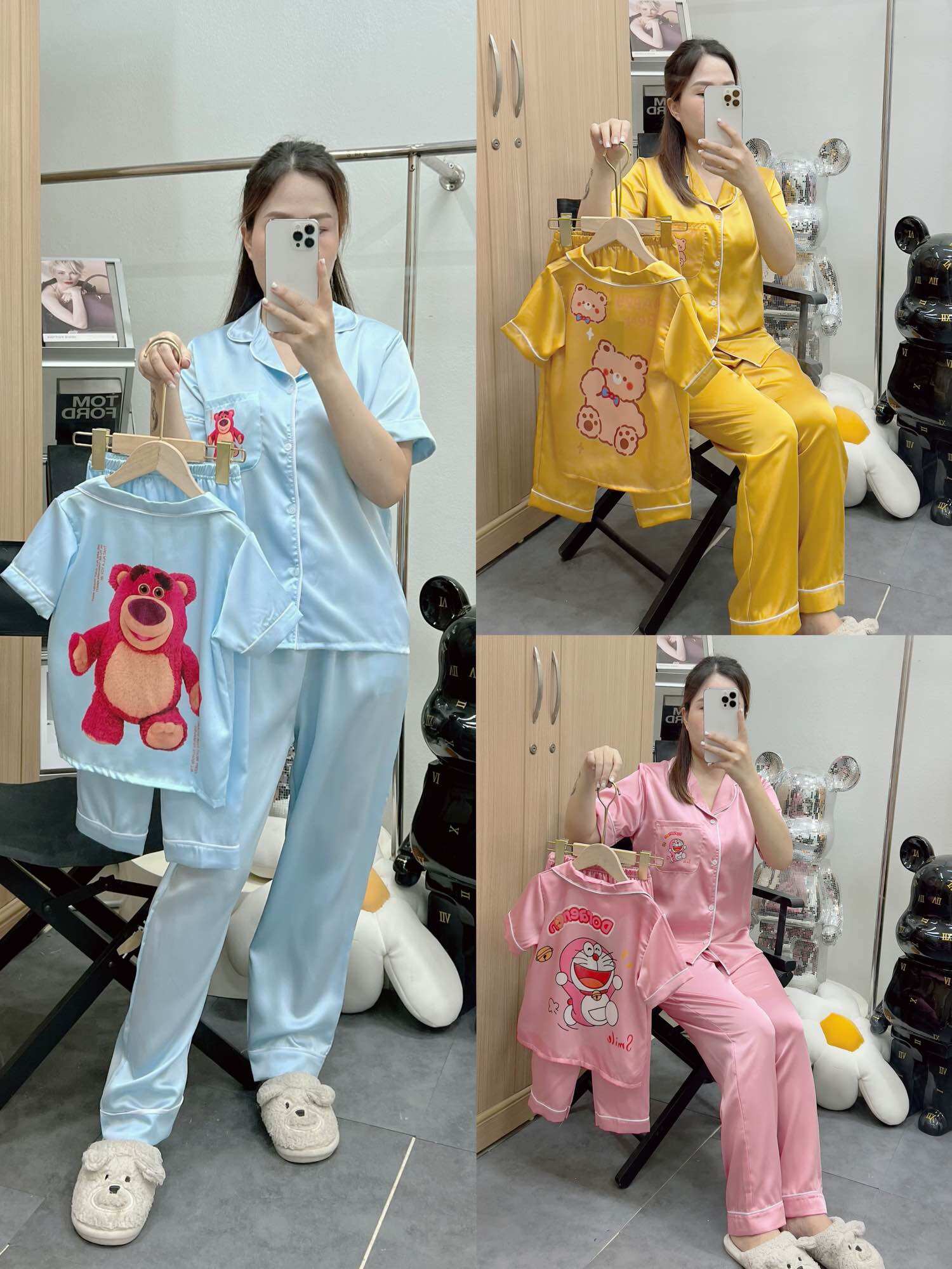 Bộ ngủ pijama áo cộc quần dài cho mẹ và bé