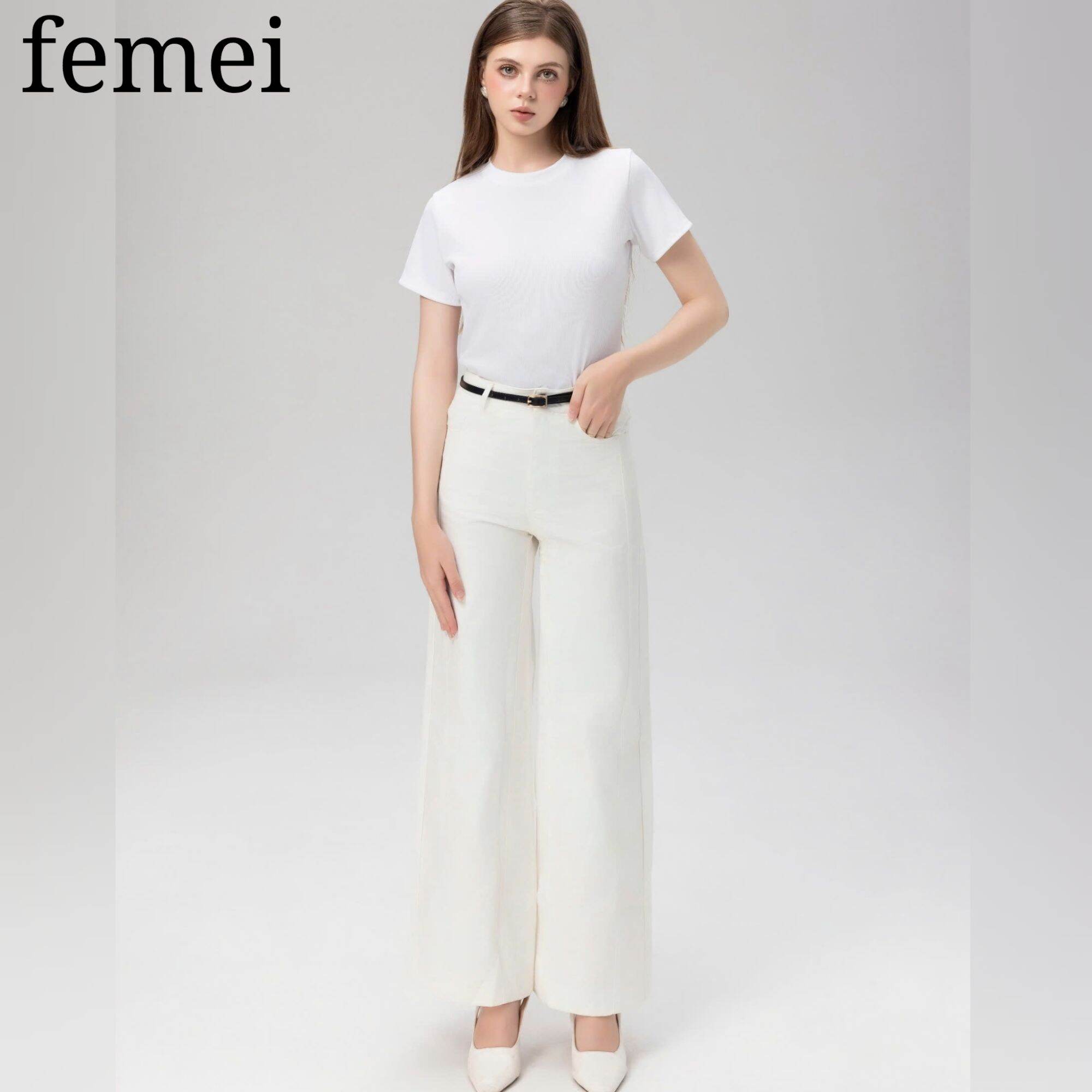FEMEI - Quần kaki trắng nữ dài ống suông rộng lưng cao hot trend