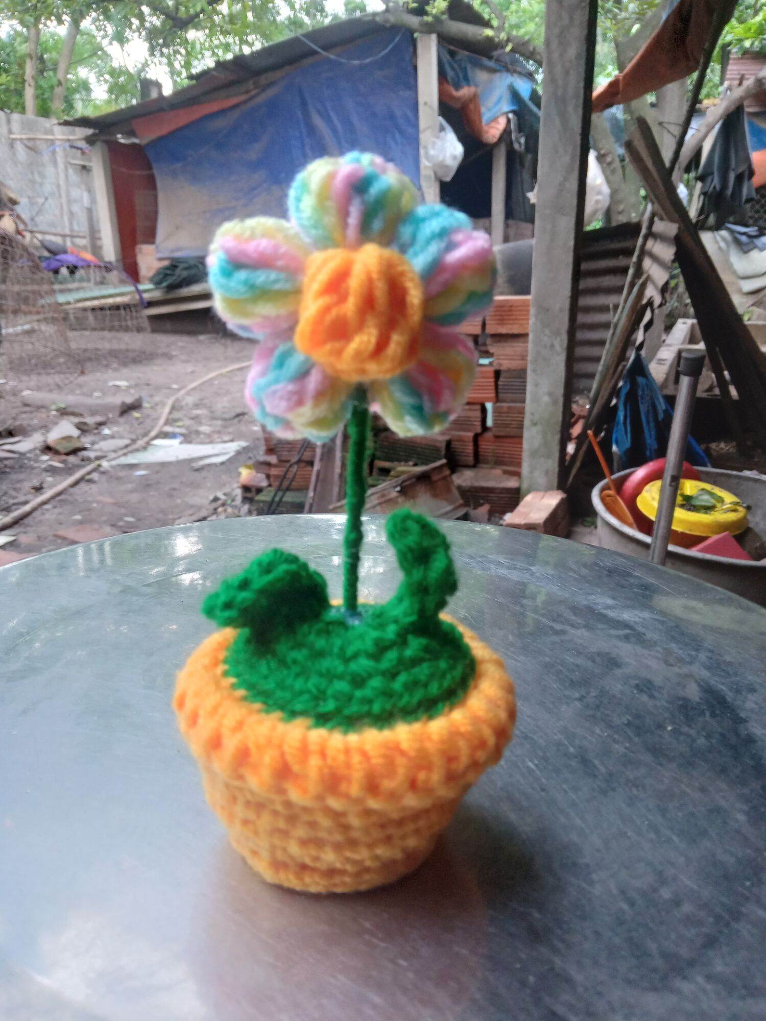 Chậu Hoa len mini, chậu hoa len handmake 5 cánh.