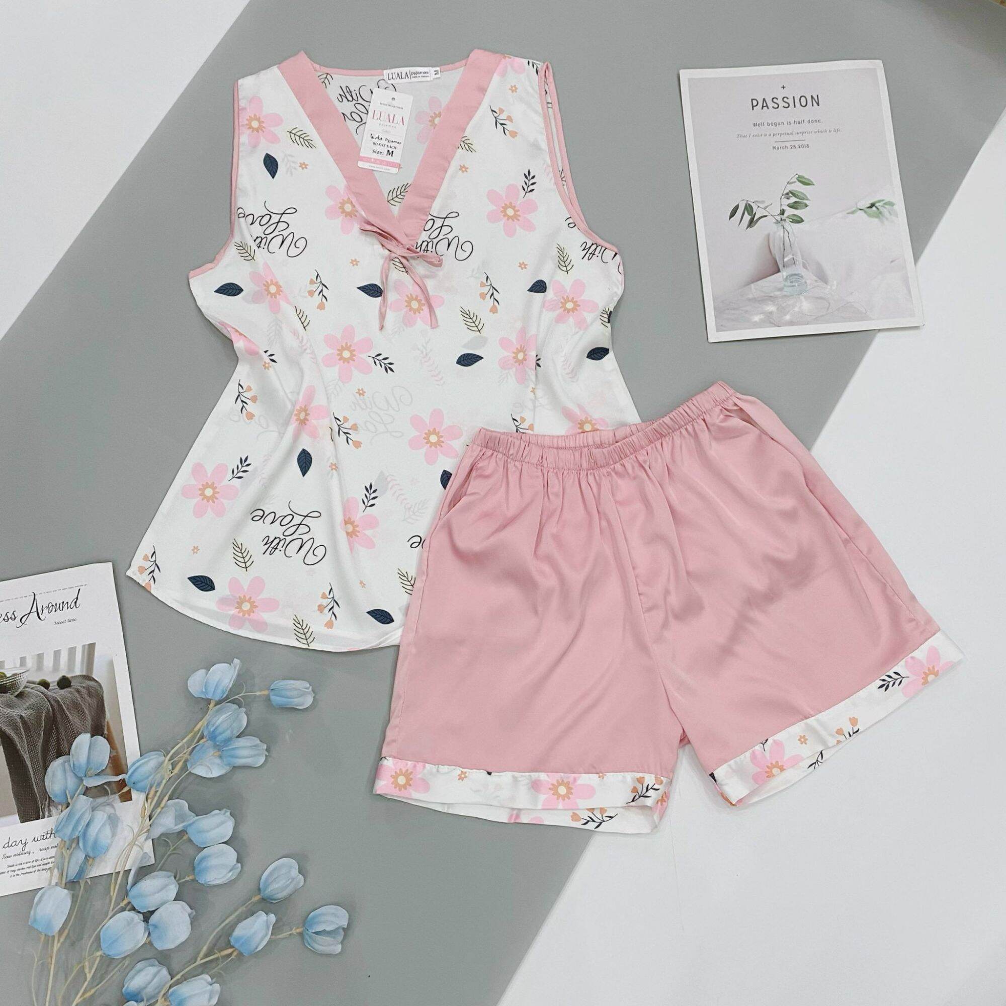 Bộ lụa satin sát nách Bộ đồ ngủ pijama đồ mặc nhà
