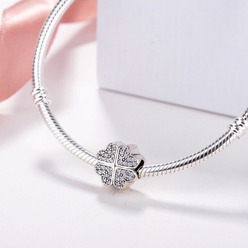 CHARM PAN ALE ĐÍNH ĐÁ CỎ 4 LÁ MAY MẮN BẠC S925