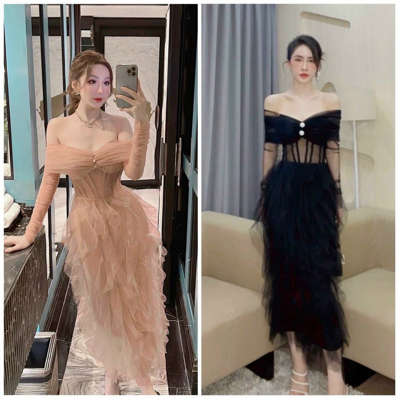 Đầm lưới bẹt vai body gợn sóng