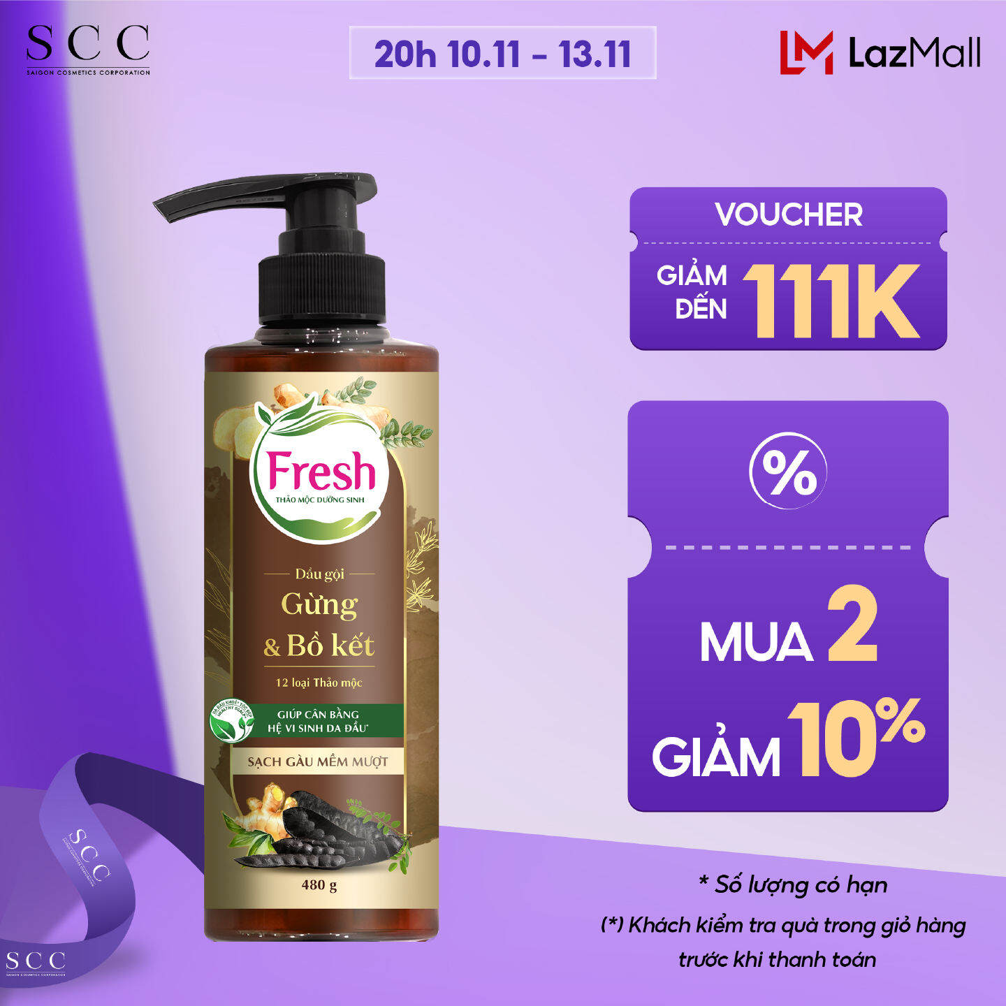 Dầu gội Fresh Thảo mộc dưỡng sinh Sạch gàu mềm mượt 480g/chai