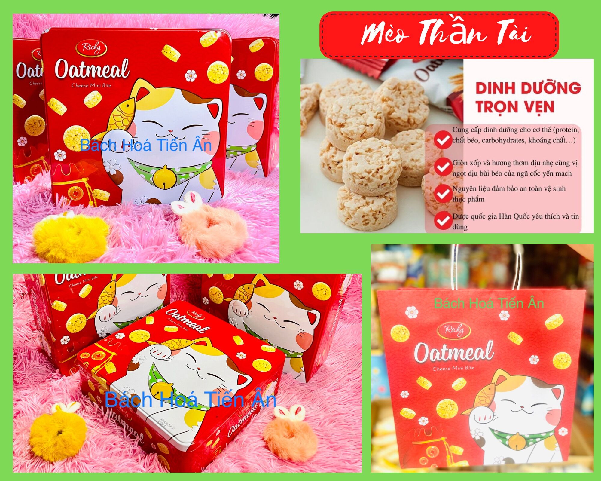 Bánh Yến Mạch Socola phô mai Richy Oatmeal Mini Bite Mèo thần tài hộp thiết 350g cung cấp dinh dưỡng bổ sung cho cơ thể tết khỏe, có túi xách