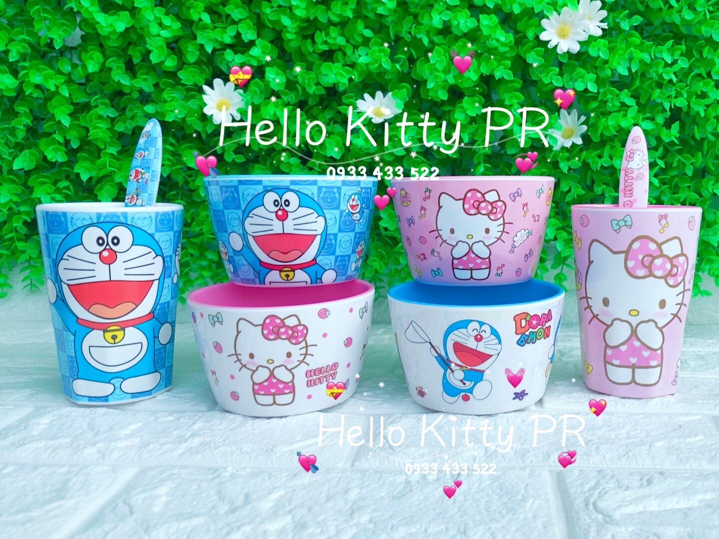 CHÉN MUỖNG LY BÀN ĂN HELLO KITTY & DORAEMON