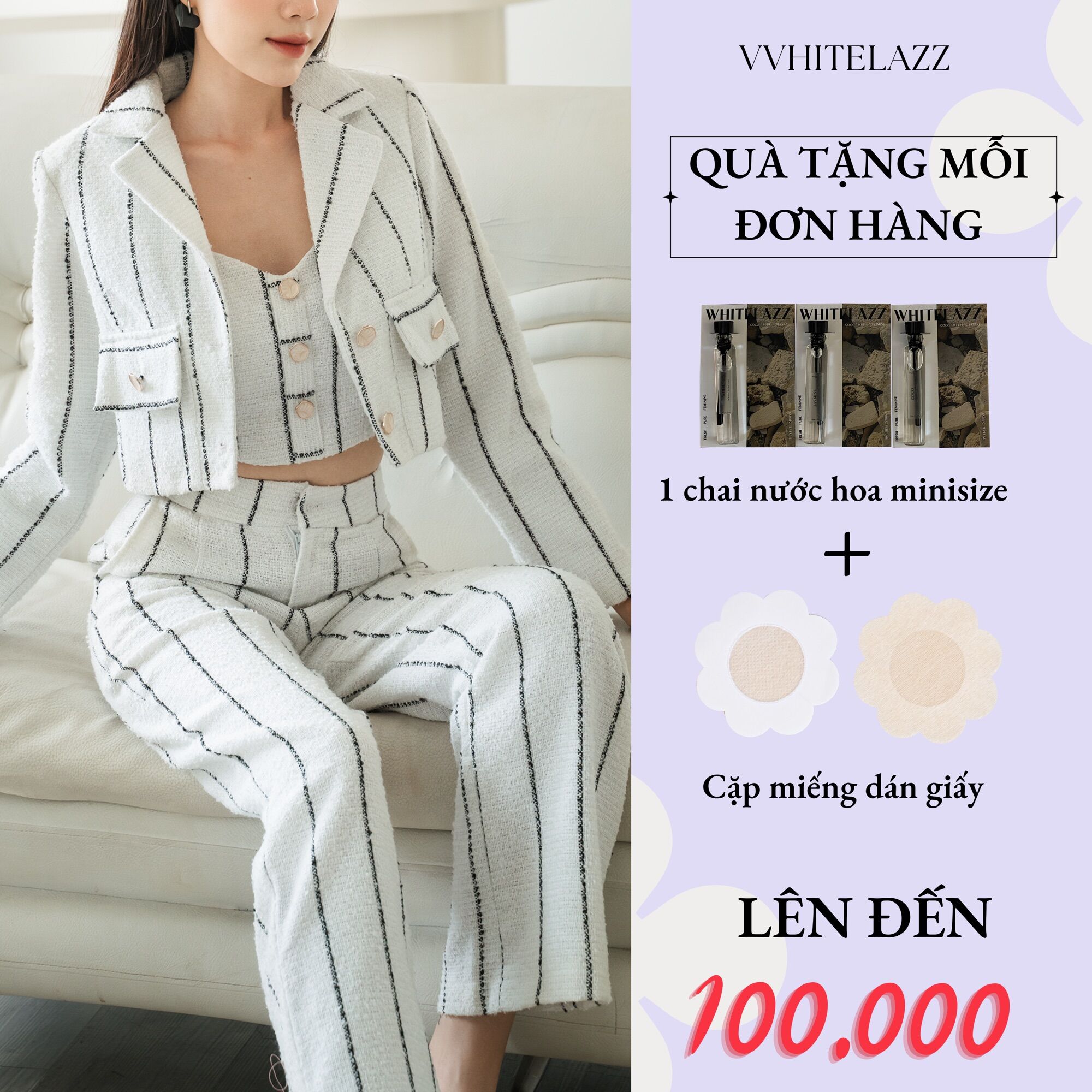WHITELAZZ | Set áo dạ blazer và quần lưng cao ống đứng kèm áo croptop - Haley Tweed Set