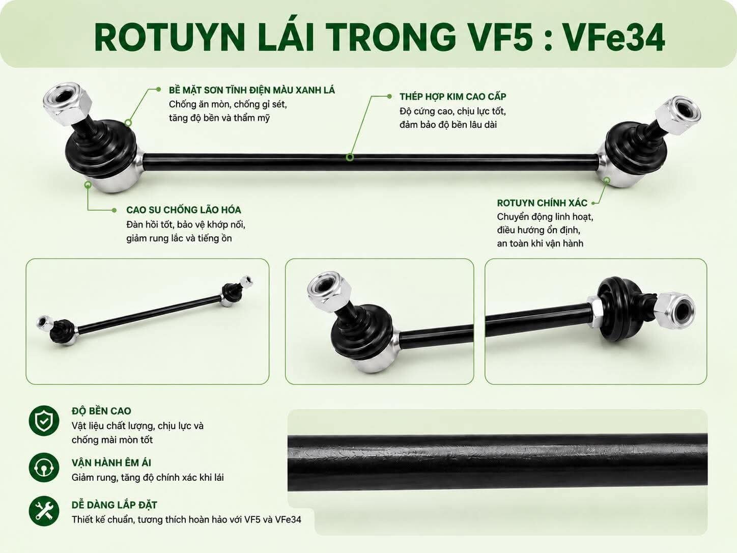 Rotuyn Lái trong Vinfast VF5 VFe34 - Độ bền cao, van hành động êm ái, kết nối chắc chắn, thiết kế tối ưu, phù hợp với VF5 và VFe34.