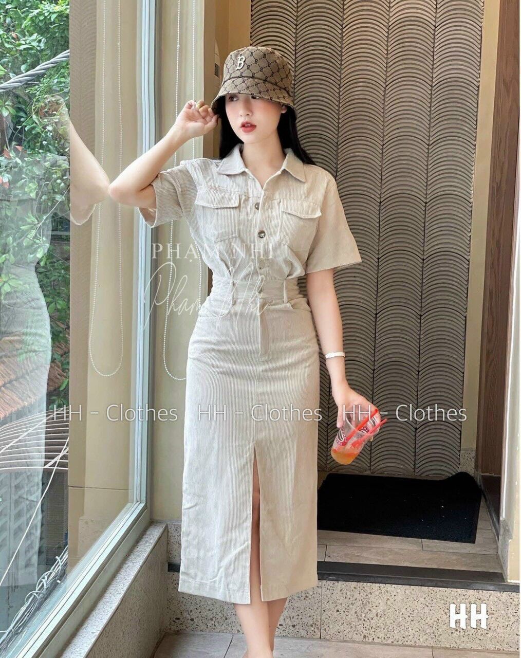 Váy nhung tăm sê trước cúc đồng