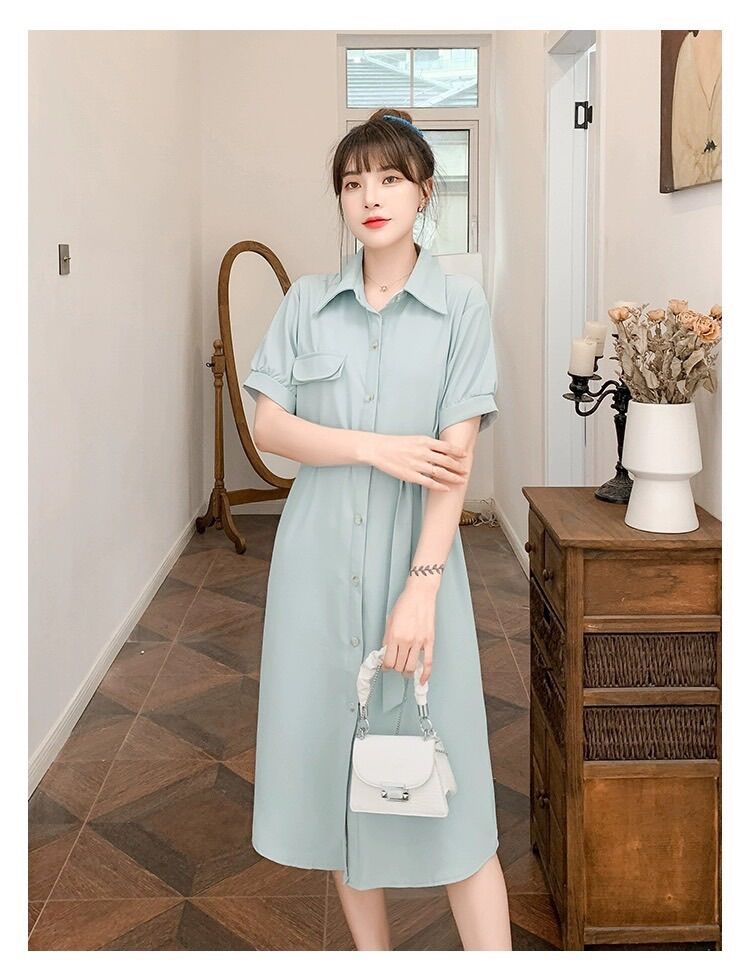 Đầm bầu sơ mi xanh công sở