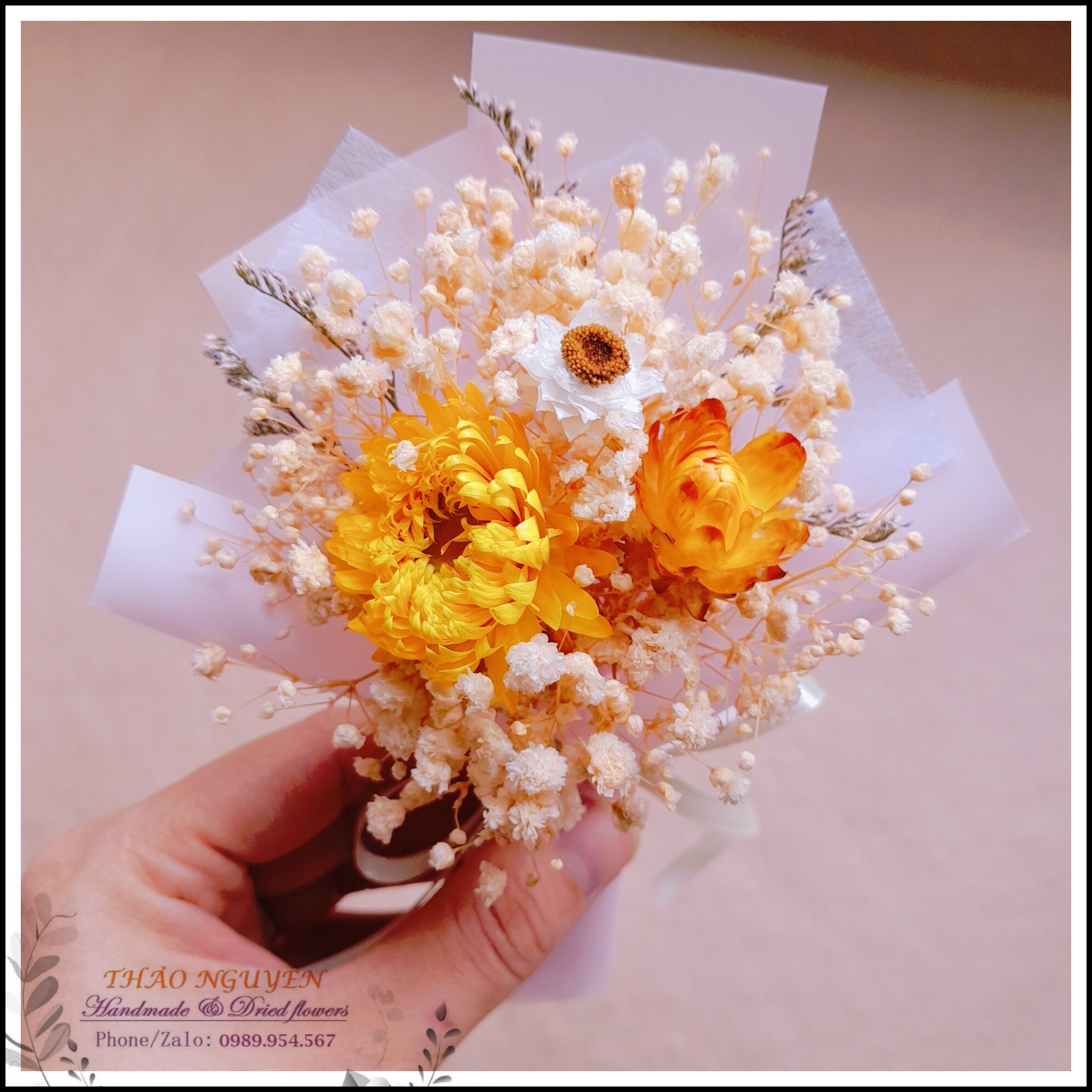 combo túi quà (gồm túi + giấy rơm + bó hoa mini + thiệp hoa handmade ) làm quà tặng