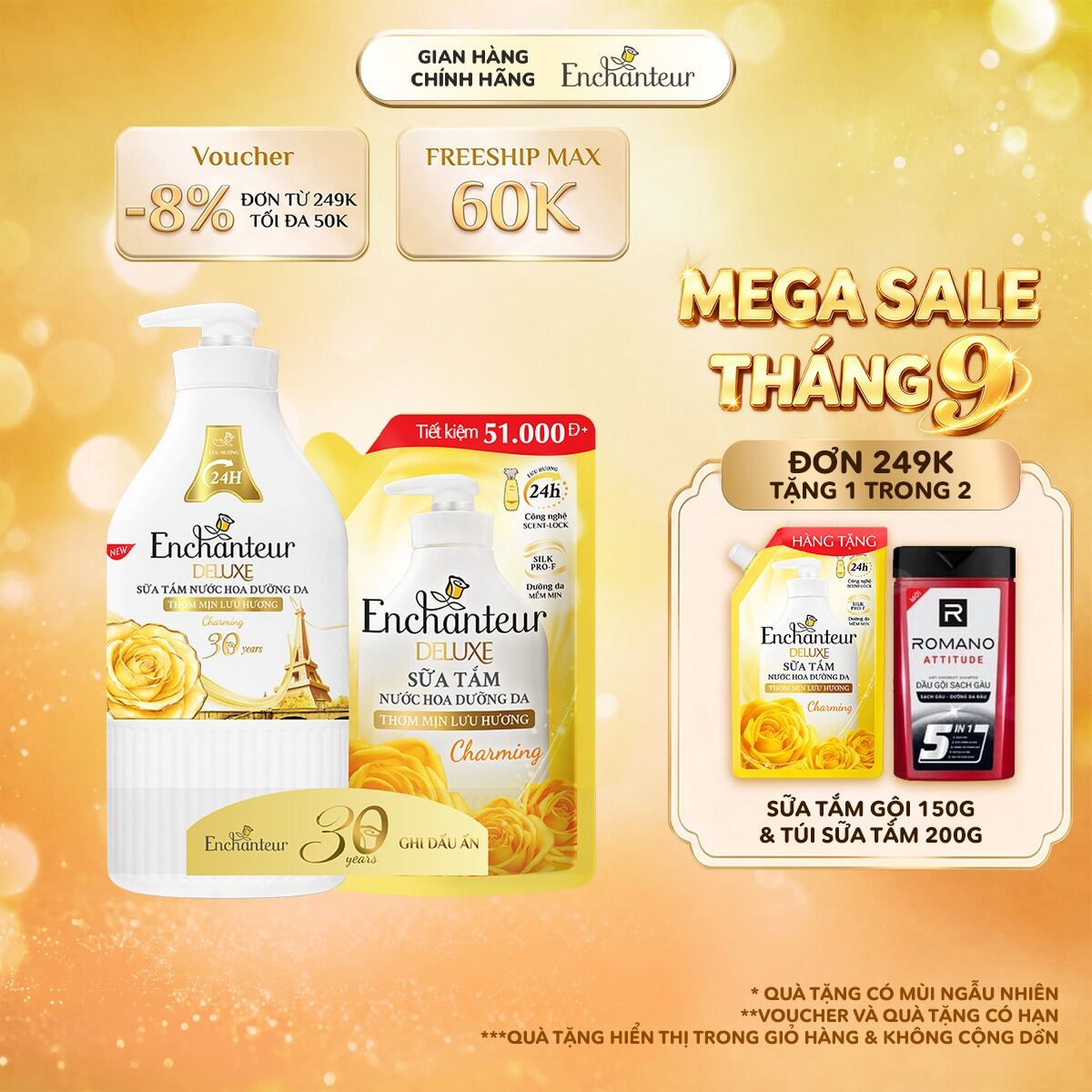 Sữa tắm Enchanteur Charming/ Sensation chai 900g + Tặng túi sữa tắm 450g