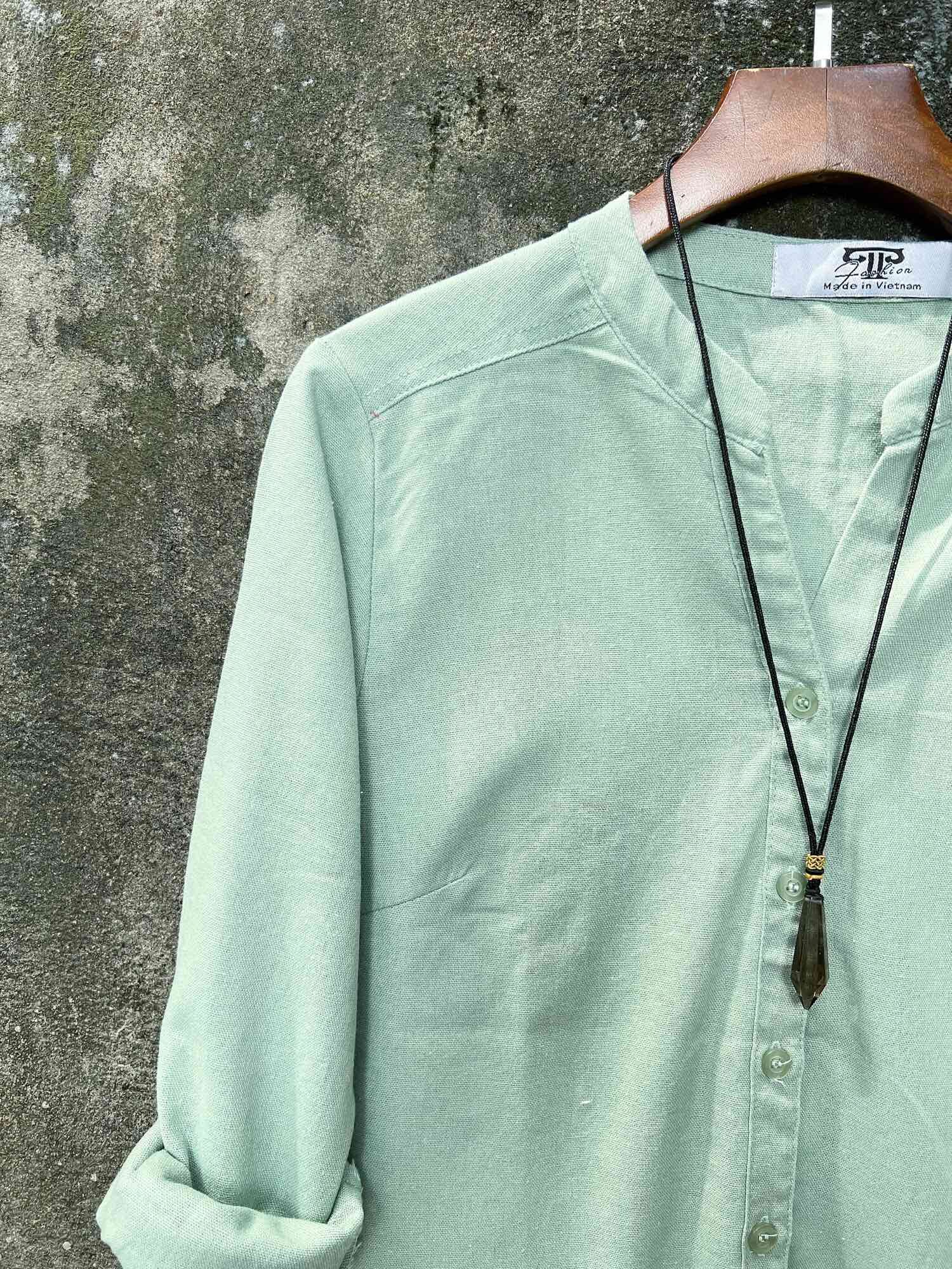 ÁO LINEN CỔ V_ chất linen bột đã wash mềm -Tay dài 47-74kg