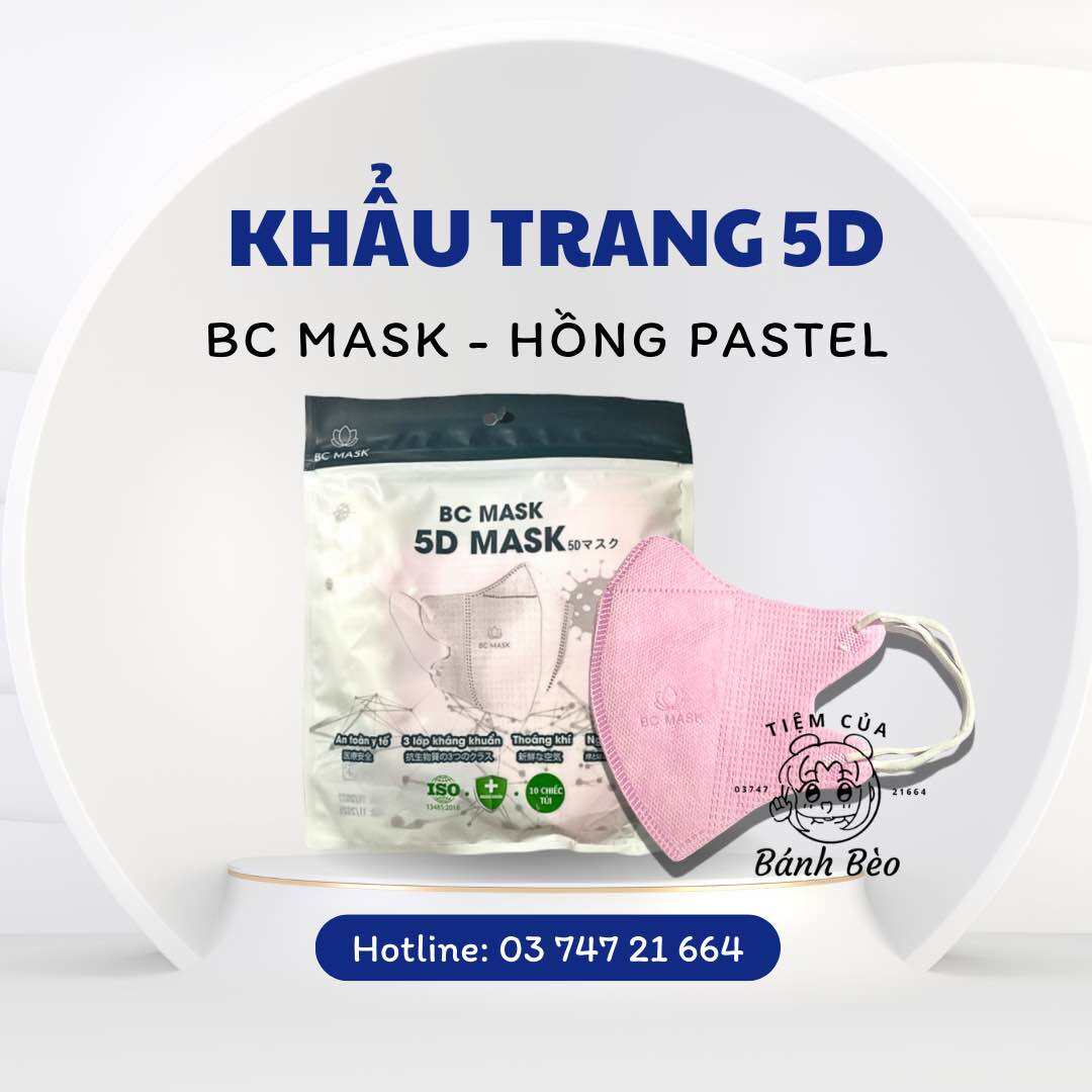[Thùng 100 cái] Khẩu trang 5D màu hồng nhạt pastel quai trắng Bảo Châu BC Mask 3 lớp kháng khuẩn | Tiệm Của Bánh Bèo