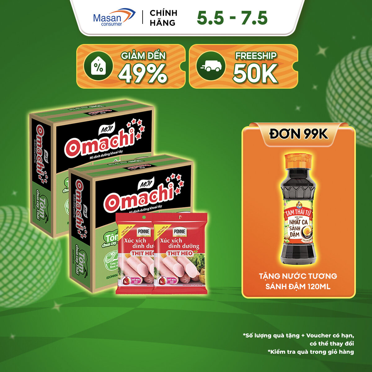 Combo 2 Thùng Omachi Lẩu Tôm Càng Gói 80G + 2 Xúc Xích Tiệt Trùng Ponnie Vị Heo 70G