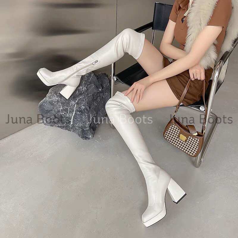 Giày Bốt da cổ cao qua gối đế dày thời trang nữ - Boots đùi nữ da mềm đi êm chân cao cấp