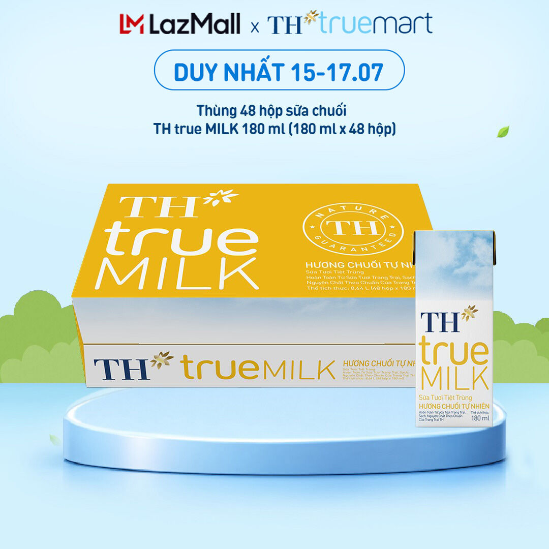Thùng 48 hộp sữa tươi tiệt trùng TH true MILK hương chuối 180 ml (180 ml x 48)