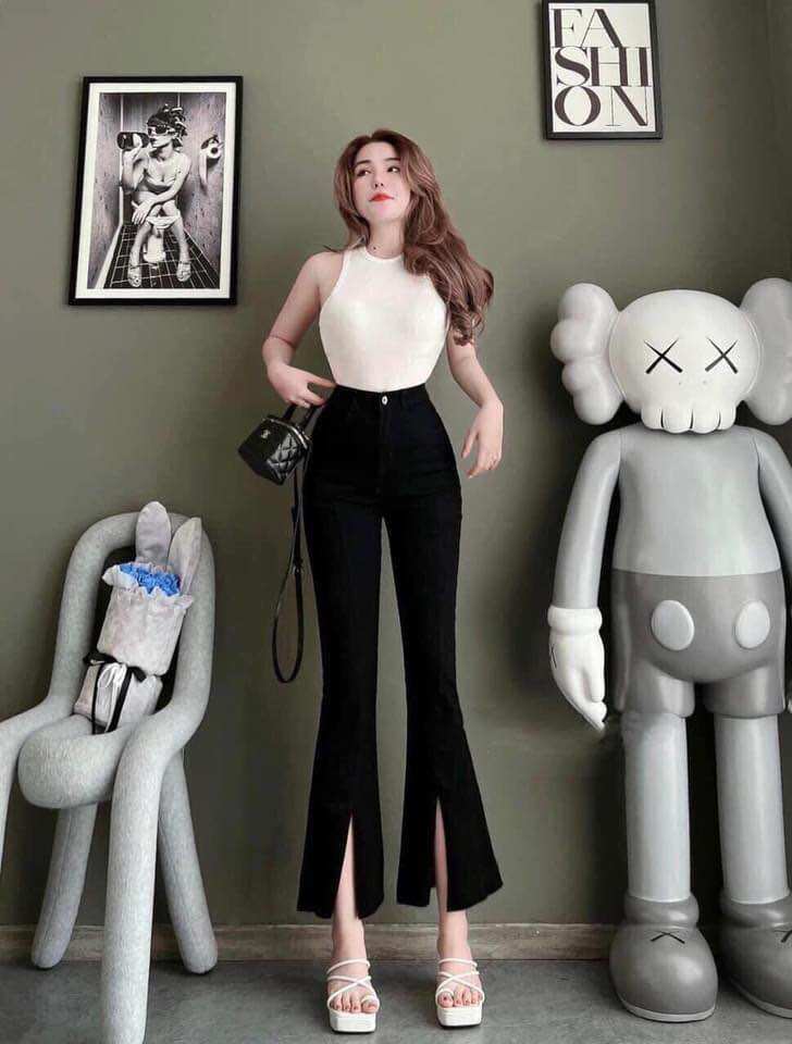 Quần ống loe xẻ gấu chất jeans - quần ống loe dáng dài chất đẹp