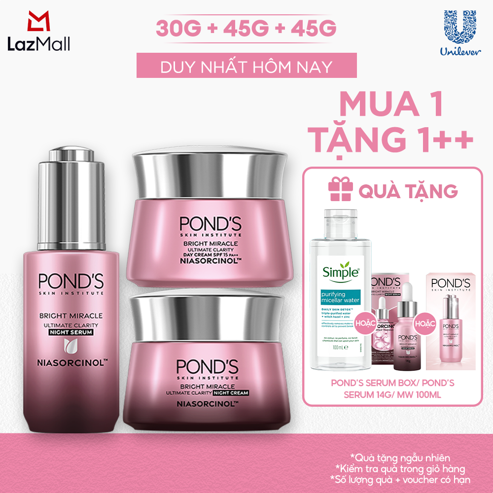 [Combo] Bộ 1 Serum đêm và kem dưỡng sáng da ngày  đêm Pond's Bright Miracle mờ thâm sạm với 50X Niasorcinol 30G+45G+45G