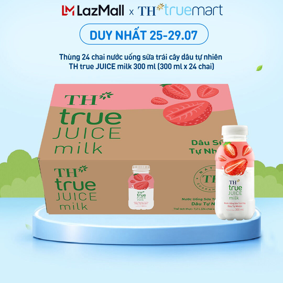 Thùng 24 chai nước uống sữa trái cây TH true JUICE milk dâu tự nhiên 300 ml (300 ml x 24)