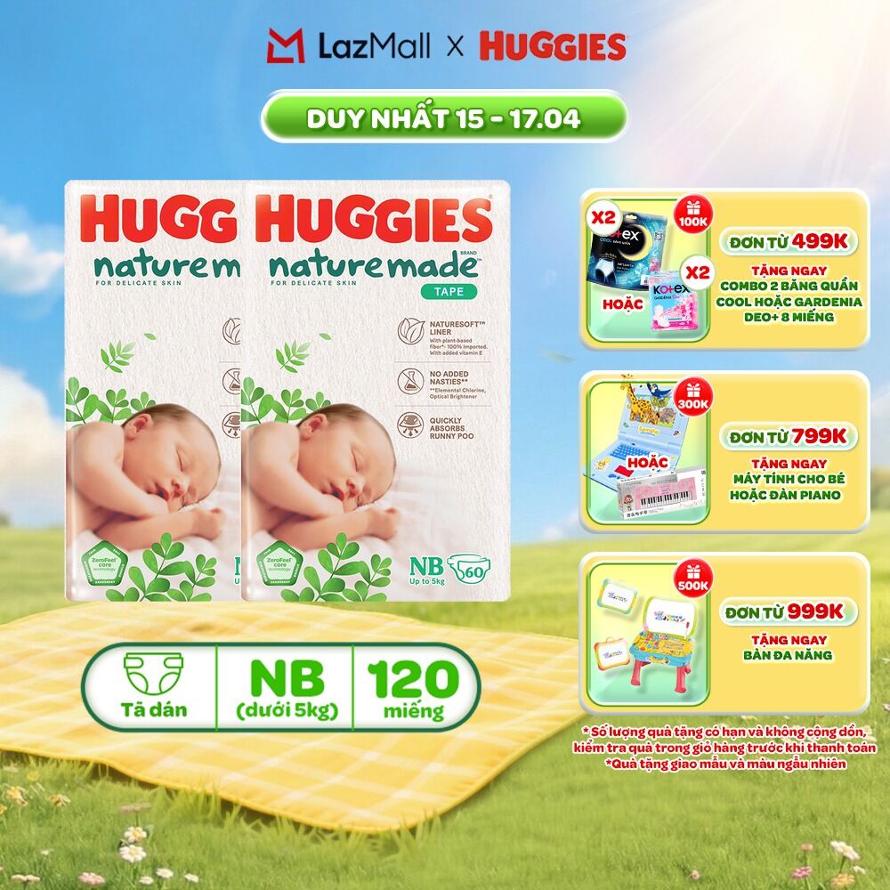 Combo 2 Tã/Bỉm dán sơ sinh Huggies NatureMade NB60 (dưới 5kg)-Gói Jumbo 60 miếng