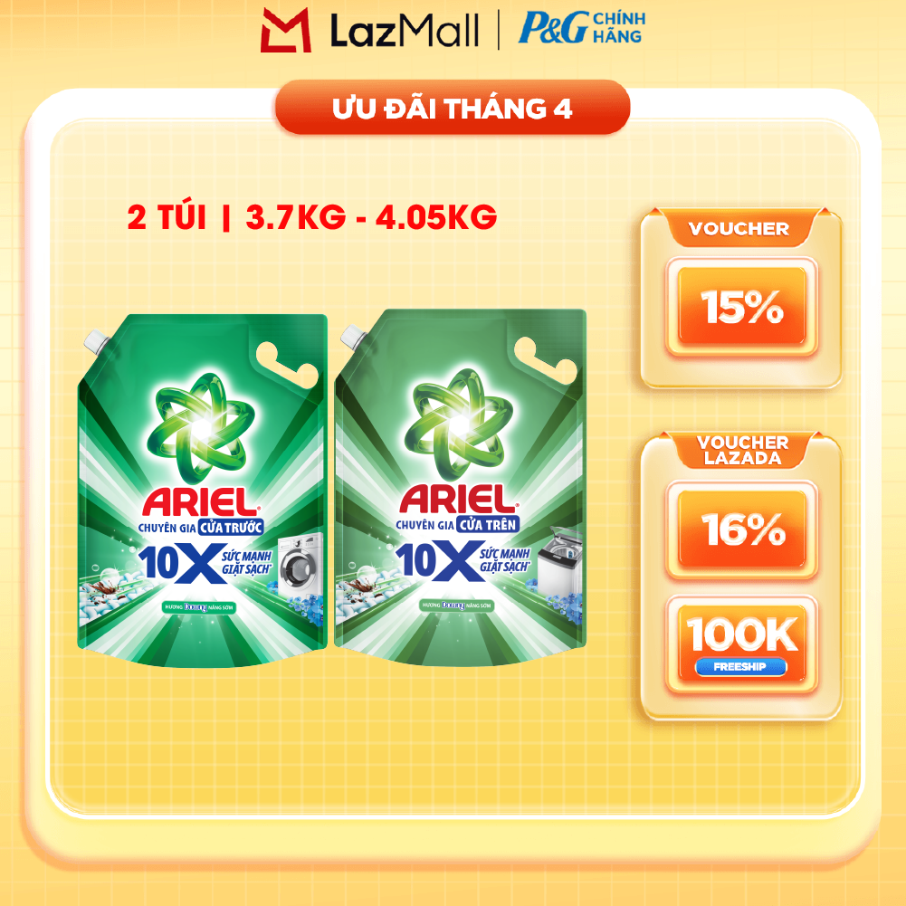 Combo 2 Nước Giặt Gel ARIEL 10X Sức Mạnh Giặt Sạch Chuyên Gia Cửa Trước-Cửa Trên Hương Downy Nắng Sớm Túi 3.7KG/ 4.05KG