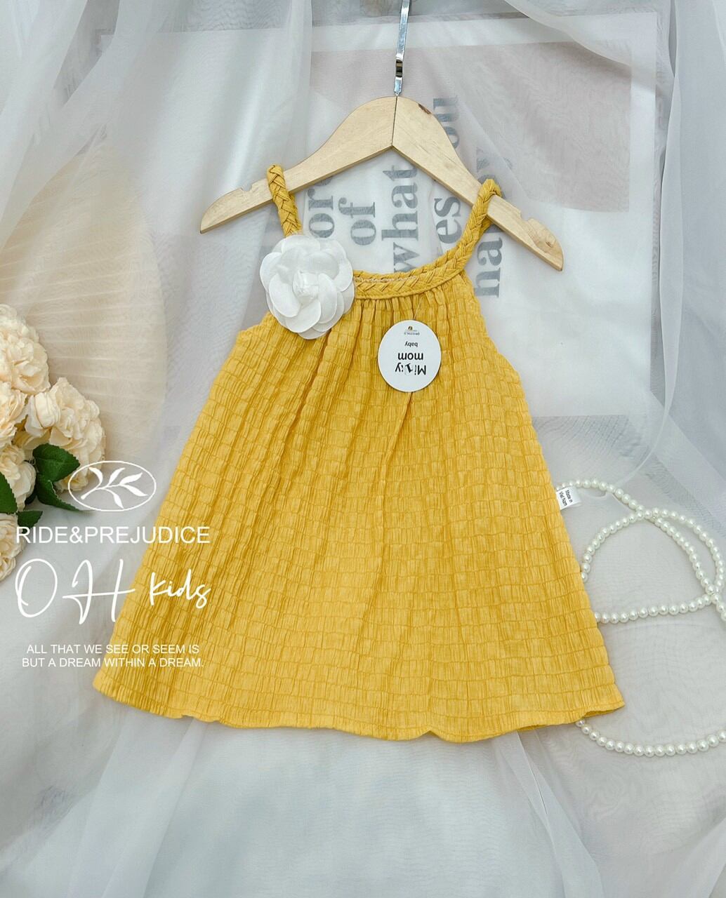 Váy 2 dây dập ly hoa ngực cho bé gái từ 8-12kg