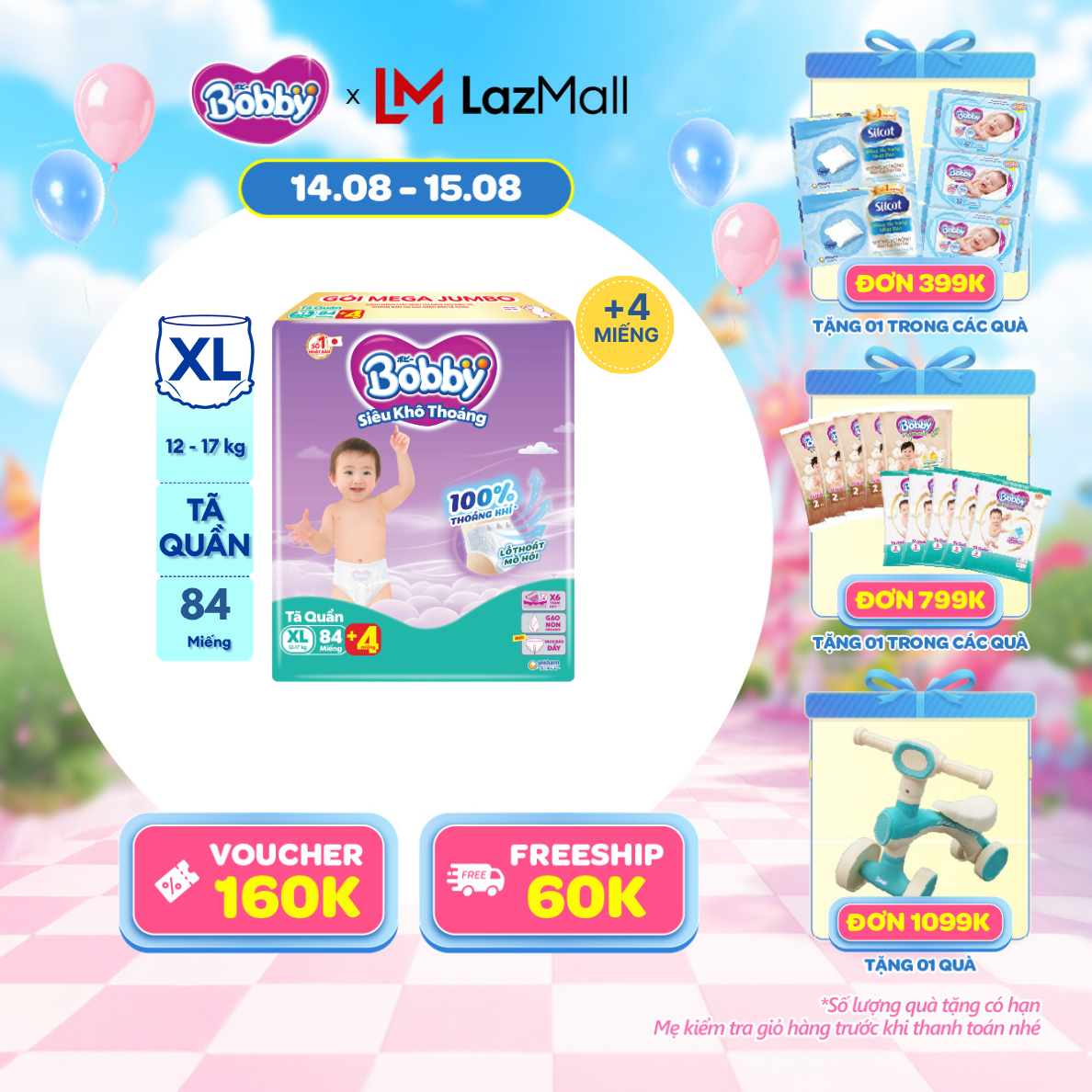 [12-14.08 QUÀ TO] Tã/bỉm quần Bobby 3mm Mega Jumbo Siêu khô thoáng XL84