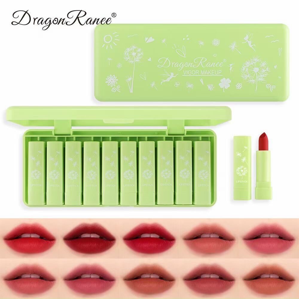 Set 10 Son thỏi Dragon Ranee xanh lá với 10 màu sọ cực đẹp lì không thấm nước