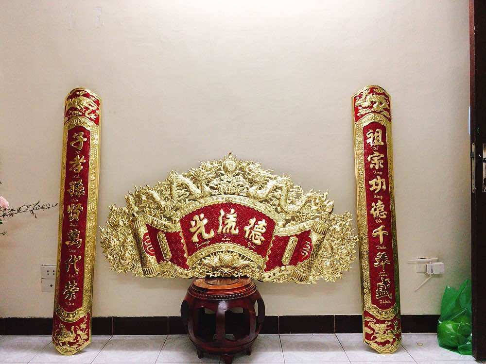 Bộ cuốn thư thờ hoành phi câu đối đại tự thờ bằng đồng 1m35