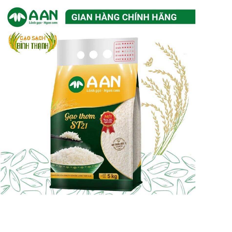 Gạo Thơm ST21 A AN Túi 5Kg - Đặc sản Sóc Trăng - Thơm hoa lài nhẹ, cơm ngọt, rất dẻo, để nguội vẫn mềm