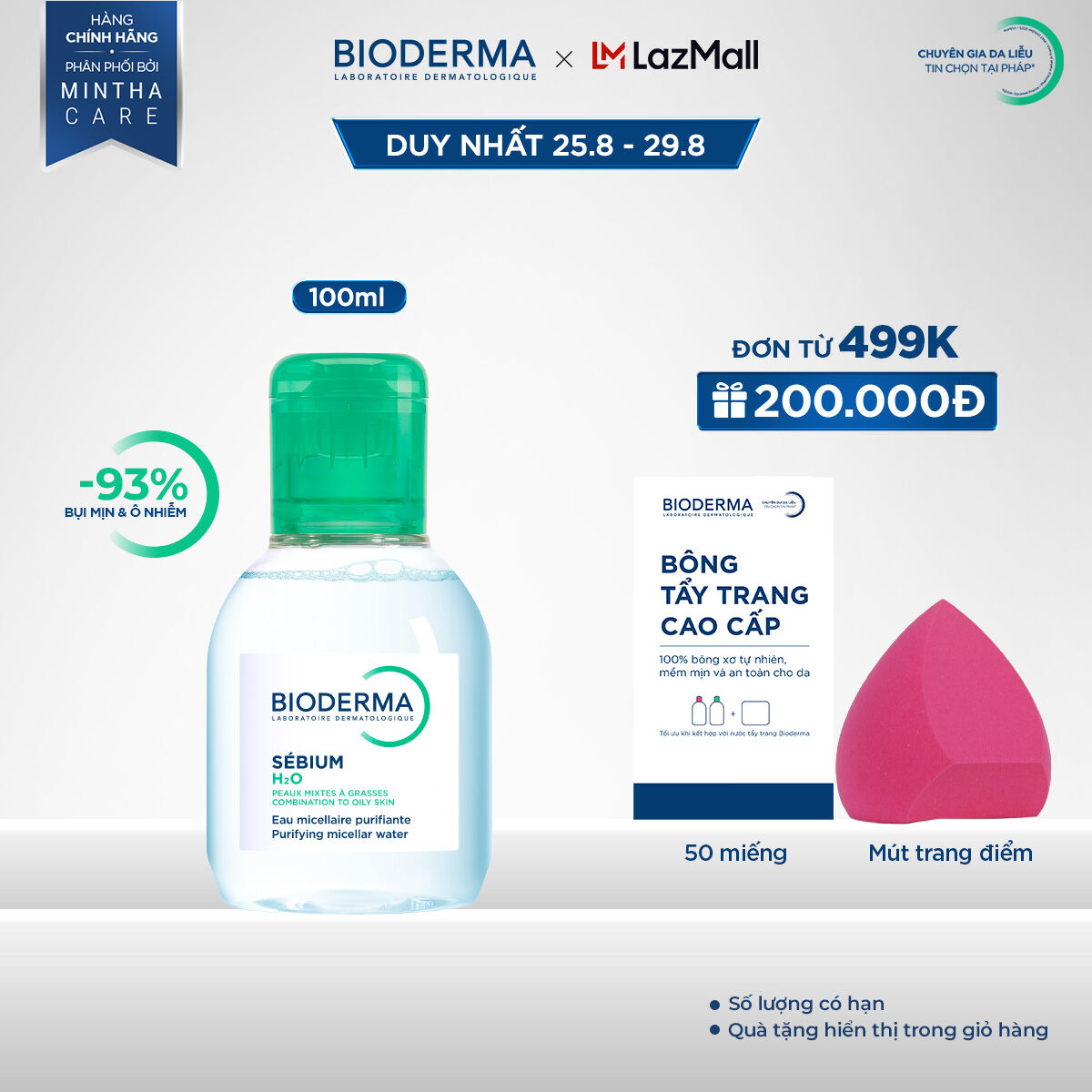 Dung dịch làm sạch và tẩy trang micellar cho da hỗn hợp và da dầu Bioderma Sebium H2O - 100ml