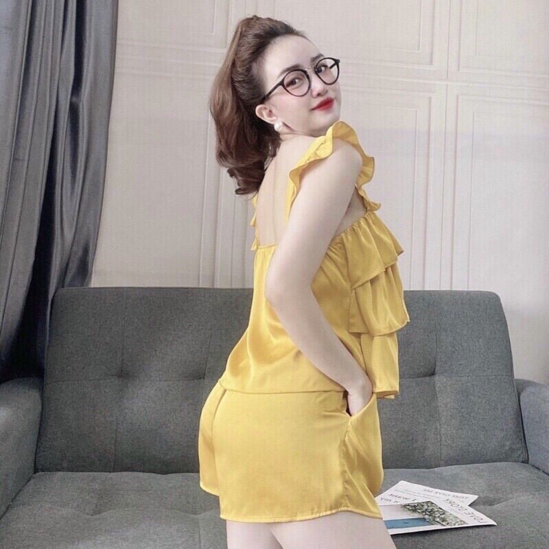 Bộ ngủ nữ áo 3 tầng tay bèo chất lụa satin