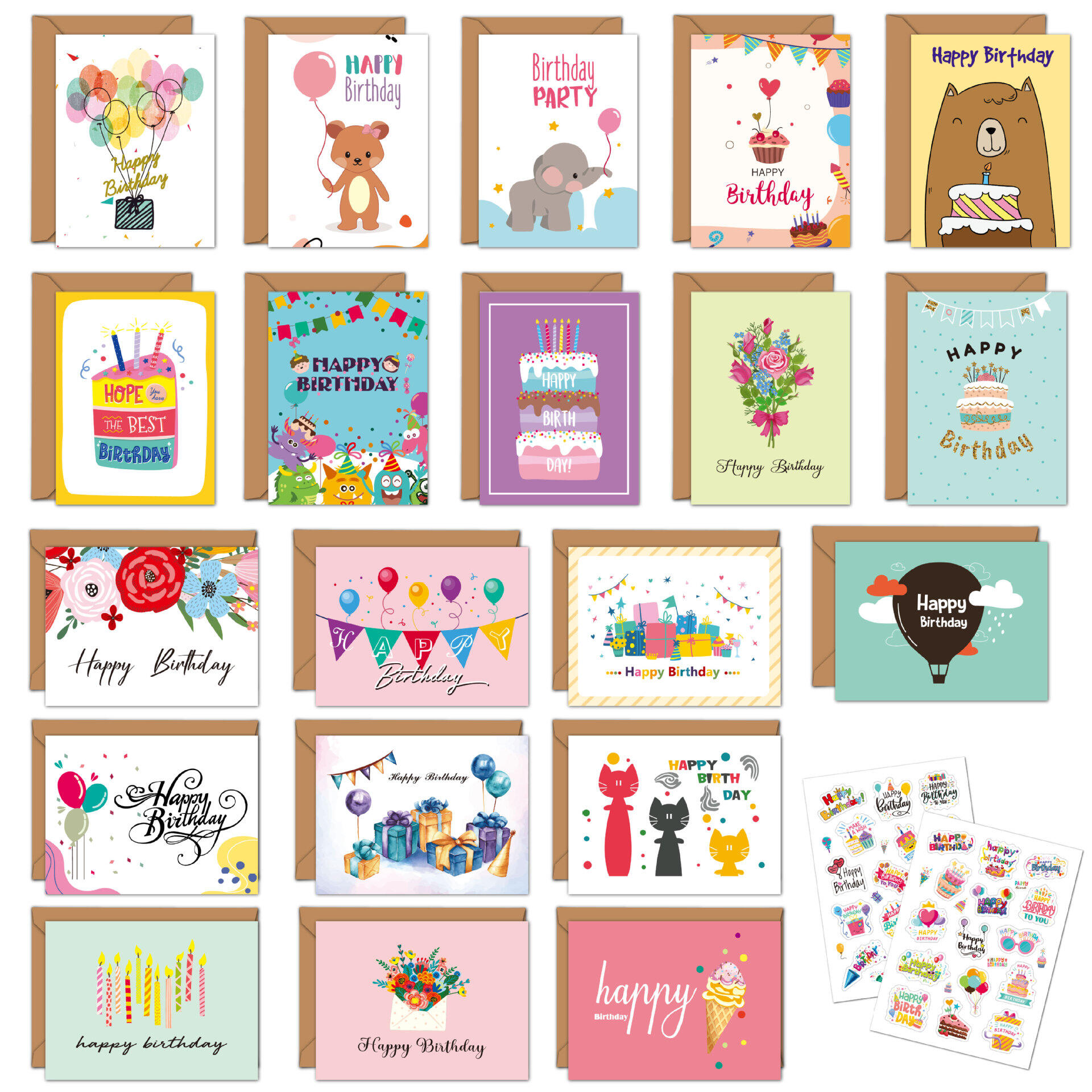 Bộ 20 Thiệp Chúc Mừng Sinh Nhật Có Phong Bì Viết Tay Gấp Gọn Lời Mời Dự Tiệc Cho Trẻ Em & Người Lớn