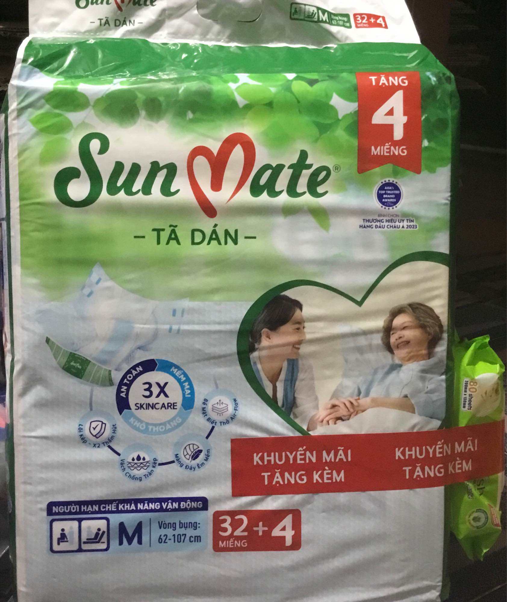 (Mẫu Mới) Tặng Kèm 1 Gói Khăn Ướt 80 Tờ - Tã Dán Sunmate M32 +4 (36 Miếng) - Tã Dán Cho Người Lớn (B