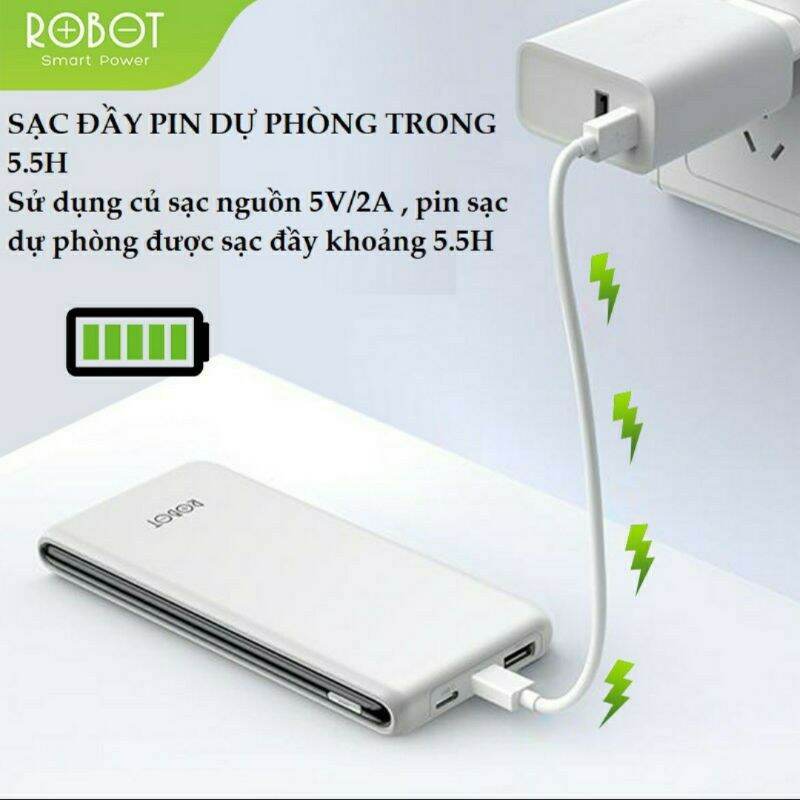 Pin Sạc Dự Phòng 10000mAh ROBOT RT180 1 Output USB & 2 Input Micro/Type-C - PS87