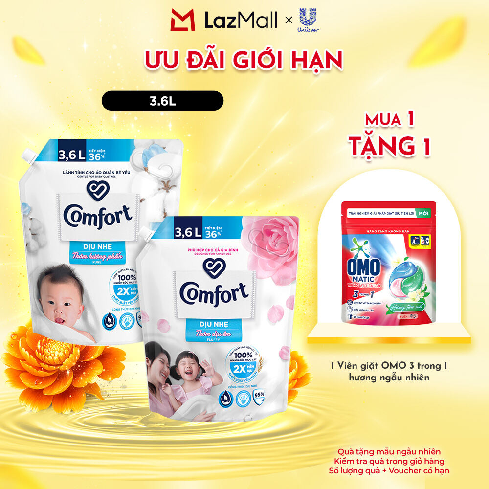 Túi Nước Xả Vải Comfort Dịu Nhẹ Thơm Hương phấn/Dịu êm cho Cả Gia Đình 3.6L