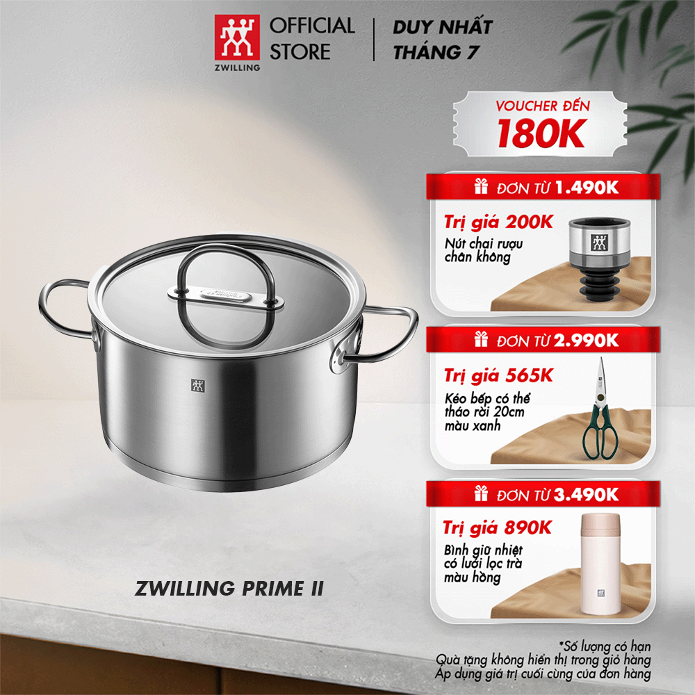 Nồi hầm xương đa năng cao cấp ZWILLING Prime II 24cm - bằng thép không gỉ, không tráng phủ, nắp kính khóa ẩm, tay cầm chống nóng