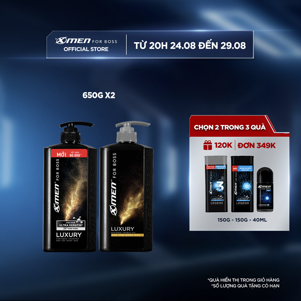 Combo Dầu gội X-Men for Boss hương trầm đầy nội lực Luxury với Ultra Keratin© mới 650g + Sữa tắm nước hoa X-Men for Boss Luxury 650g