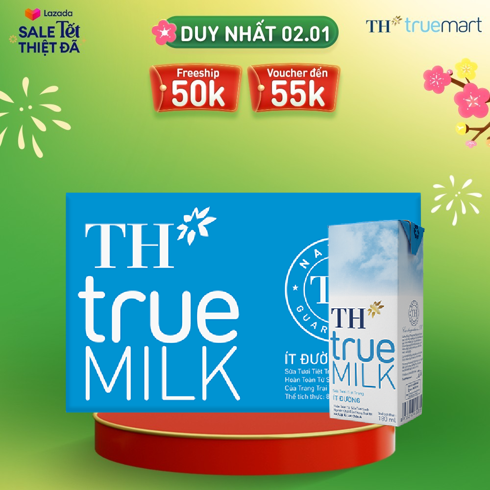 Thùng 48 hộp sữa tươi tiệt trùng ít đường TH True Milk 180ml