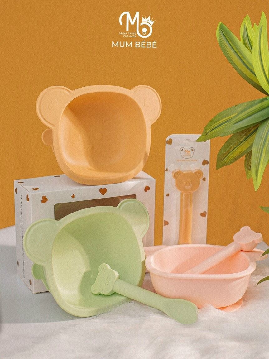 Bát + thìa ăn dặm silicon mumbebe cho bé, có đế hít chống đổ