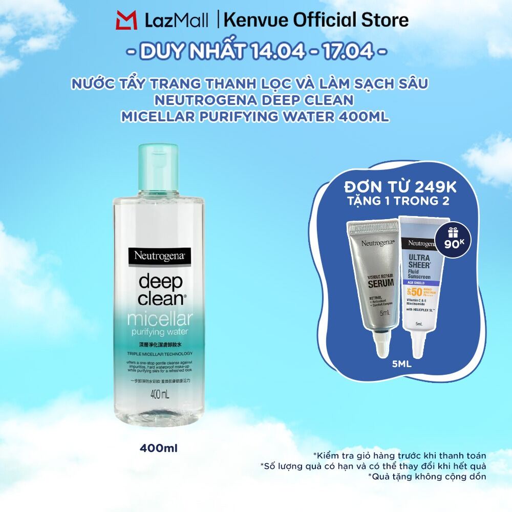 Nước tẩy trang Không Cồn thanh lọc và làm sạch sâu  Neutrogena Deep Clean Micellar Purifying 400ml