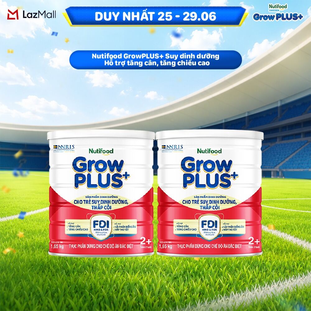Combo 2 Sữa bột Nutifood GrowPLUS+ Suy Dinh Dưỡng (Đỏ) 2+ - Hỗ Trợ Tăng Cân, Tăng Chiều Cao (2 Lon 1,65 Kg)