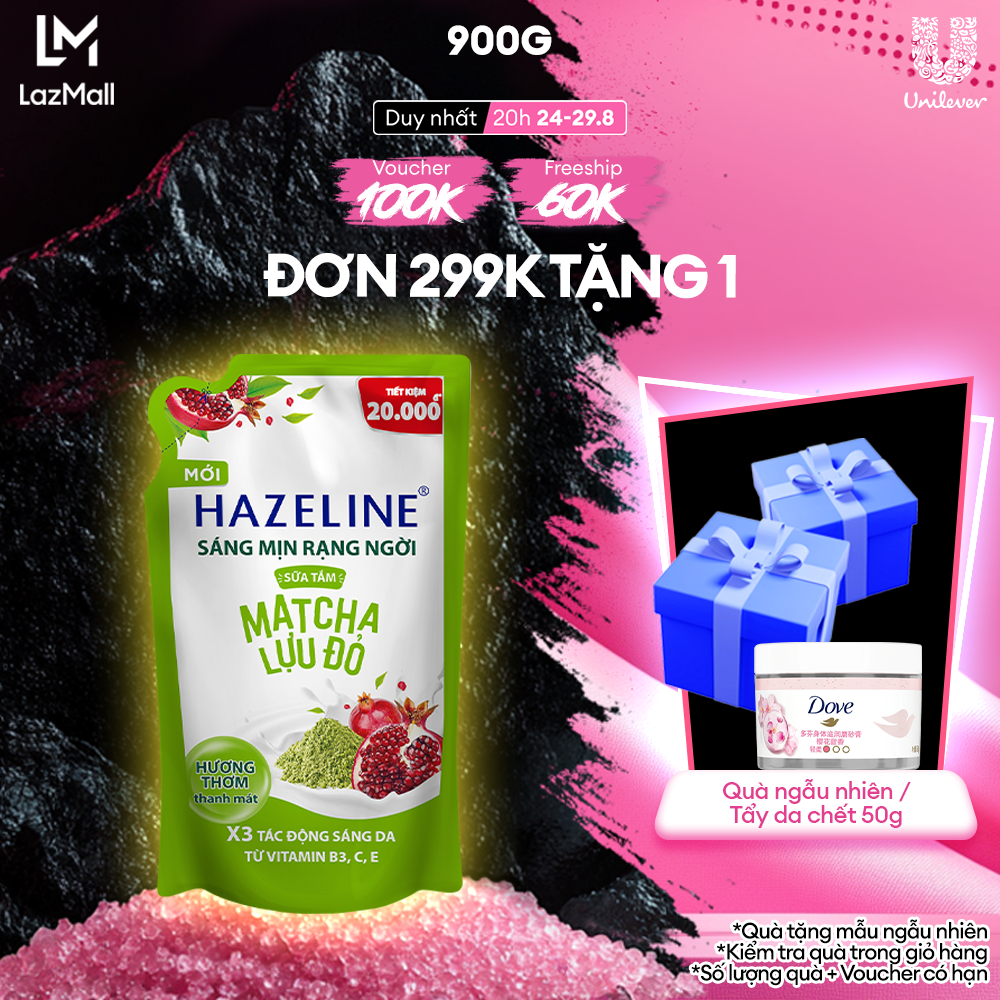 Túi Sữa Tắm Dưỡng Thể Thiên Nhiên Trắng Da HAZELINE Matcha Lựu Đỏ Sáng Mịn Rạng Ngời 900g