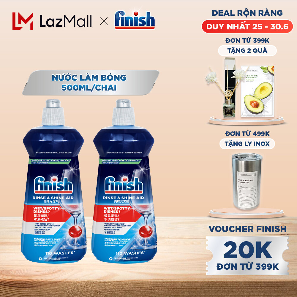 Combo 2 Nước Làm Bóng Chén Bát Finish Rinse & Shine Aid - chai 500ML