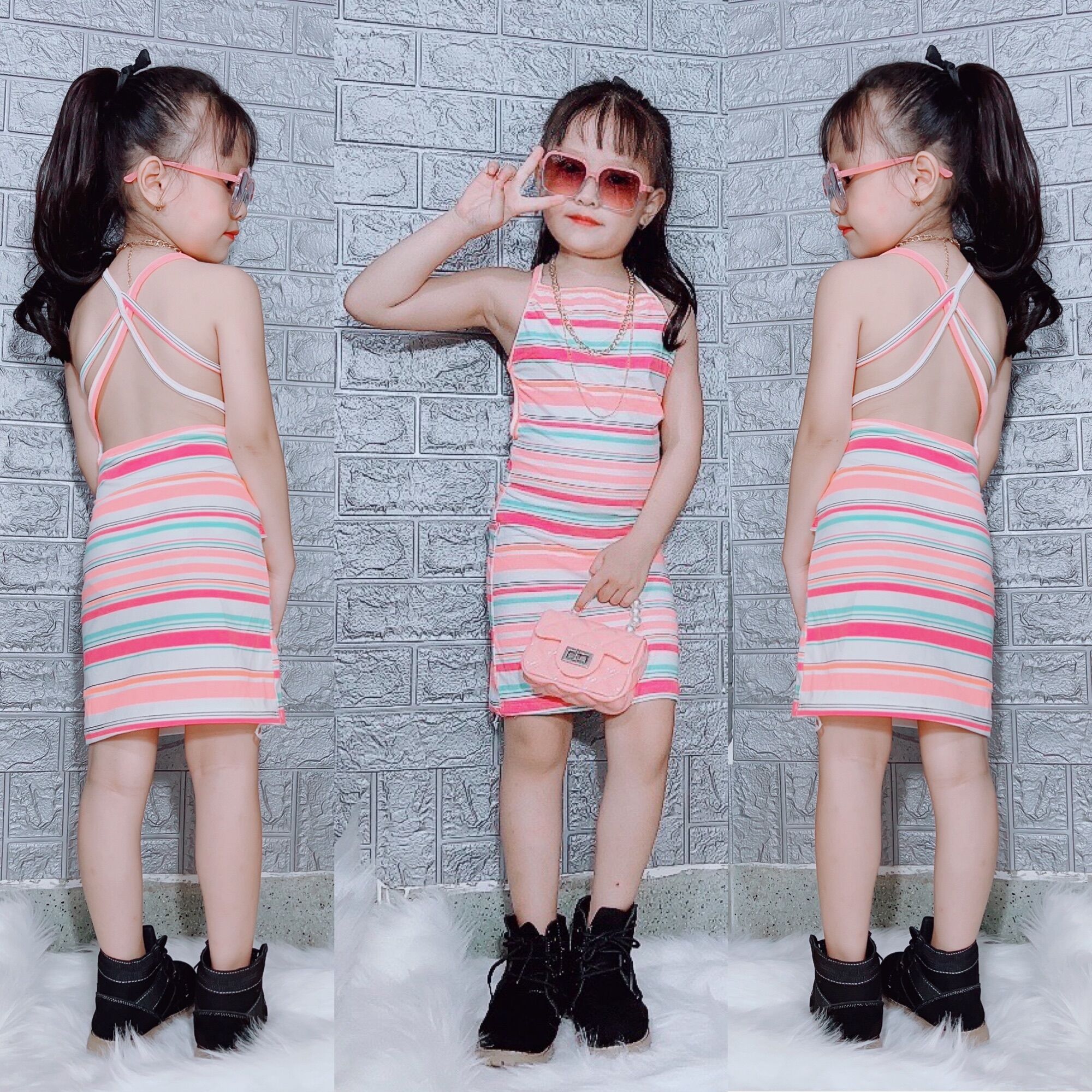 Đầm sọc dây lưng cho bé