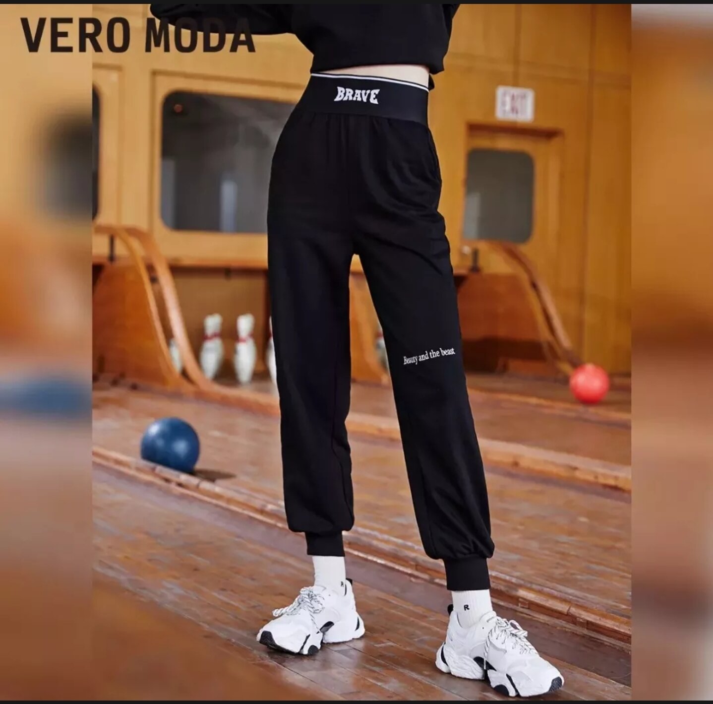 Vero moda - quần nỉ nữ in chữ dáng rộng hàn quốc