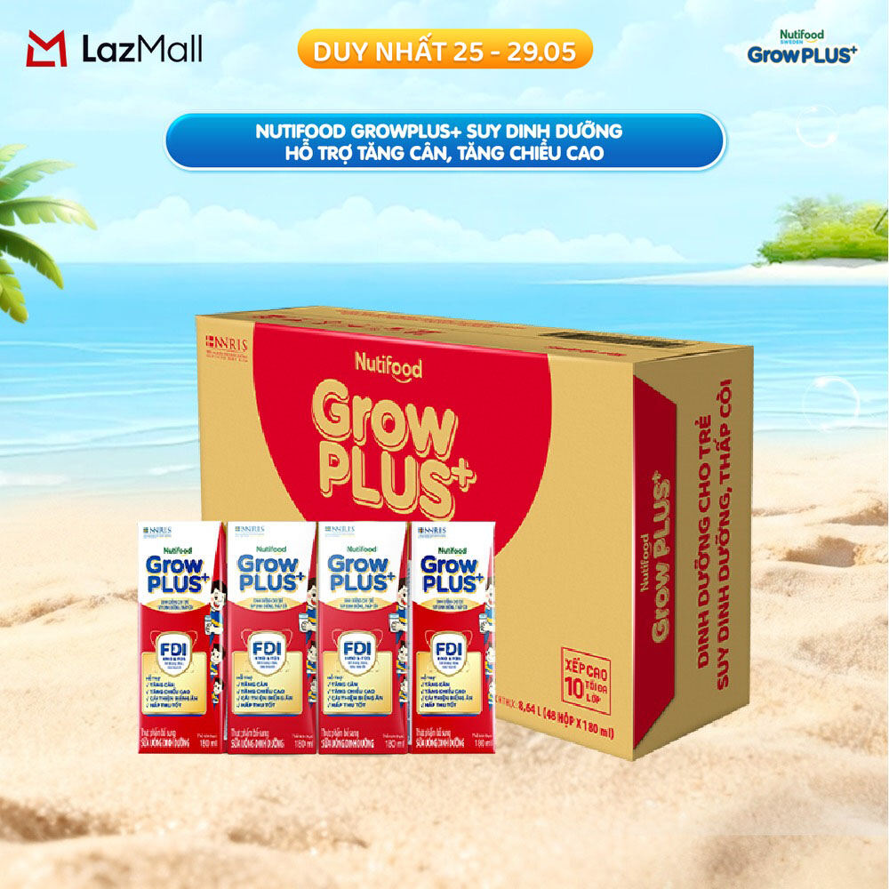 Thùng Sữa Nước Pha Sẵn Nutifood GrowPLUS+ Suy Dinh Dưỡng - Hỗ Trợ Tăng Cân, Tăng Chiều Cao - Trên 1 tuổi -  (48 Hộp x 180ml) (Bao bì tùy đợt nhập hàng)